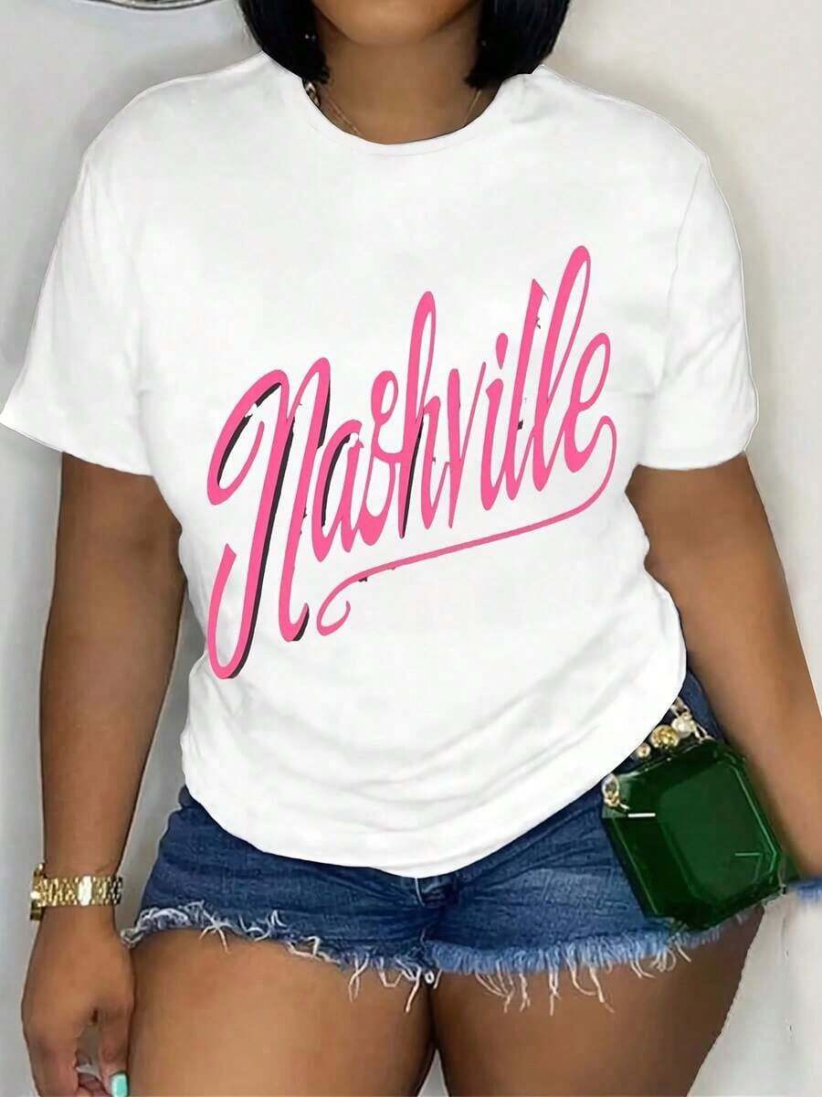 Suave NASHVILLE Bold Retro Design Women's Plus Size Sports Short Sleeve T-Shirt, blusas casuales, playeras de mujer algodon - Blanco - Ver 1