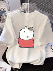 Camiseta retro de manga corta con hombros caídos y estampado de una linda vaca, estilo casual holgado, adecuada para estudiantes y trabajadores, blusa blanca suave y linda para mujeres. - Blanco - Ver 1