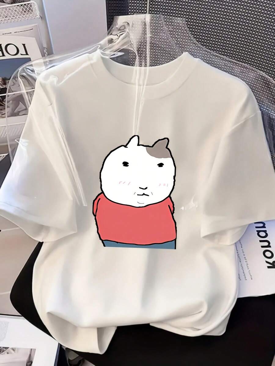 Camiseta retro de manga corta con hombros caídos y estampado de una linda vaca, estilo casual holgado, adecuada para estudiantes y trabajadores, blusa blanca suave y linda para mujeres. - Blanco - Ver 1