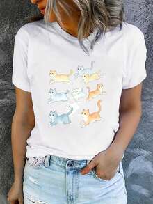 Camiseta de manga corta con cuello redondo para mujer, estampada, moderna y casual, lavable a máquina, ajuste cómodo, estampado plano 2D Blusas Para Mujer Casual. - Blanco_08 - Ver 7