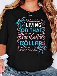 Camiseta de algodón con estampado de "Blue Collar Dollar", Camisa estilo western, Camiseta Coquette, Camiseta "Blue Collar Wife", Ropa de clase trabajadora, Camiseta de vaquera para rodeo, Camiseta de algodón de manga corta, estilo clásico, de algodón grueso, con estampado gráfico, Camiseta casual de manga corta para mujer. - Negro - Ver 7
