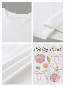 Soft Camiseta holgada y suelta con estampado de elementos marinos como estrellas de mar, conchas, perlas y animales de la playa, de algodón cómodo adecuado para vacaciones de verano, vacaciones en la playa y junto al mar pattern - Blanco - Ver 5