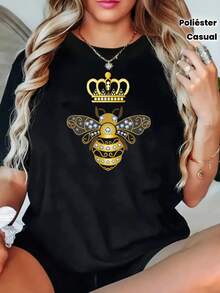 Camiseta de manga corta con estampado de reina abeja para mujer de talla grande, cuello redondo casual de tejido de poliéster con ligero estiramiento, patrón geométrico para la primavera/verano - Negro - Ver 7