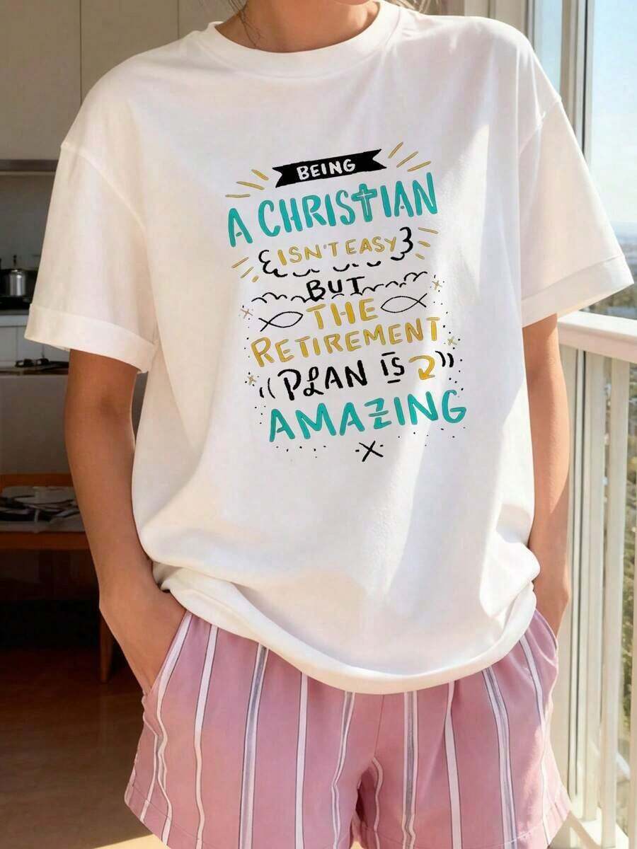 1 pcsWomen'S Funny Christian Retirement Plan T-Shirt - Soft Stretch 100% Oversized Comfort Fit, Humorous Faith-Based Retirement Age Design With Colorful Lettering & Bible Verse (Psalm 23 1-2), Machine180g Algodón 100% - Blanco 1 - Ver 1