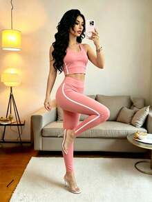 Conjunto de 3 piezas de ropa deportiva para mujer que incluye: Cárdigan con cremallera de punto negro + Top de tirantes + Pantalones - Rosa - Ver 7