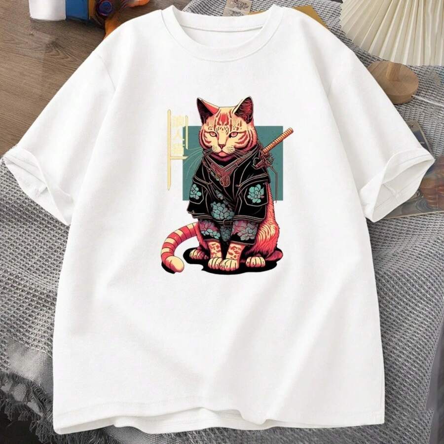 Camiseta con gráfico de tatuaje de gato samurái japonés, camiseta Kawaii con estampado de gato Ninjas, camiseta de manga corta de algodón, ropa para hombre, Camisetas - Blanco - Ver 1
