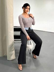Black Patchwork Blue & White Striped Straight Leg Trousers, Versatile Commuter Pants - Black and Blue - View 2