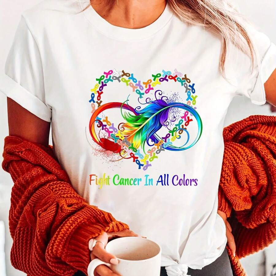 Camiseta de Mujer "El Cáncer Apesta" - Manga Corta, Cuello Redondo, Estilo Casual con Lazo de Cáncer, Semi-Transparente para Uso Diario, Caridad y Outfits, Lavable a Máquina (Nombre en Chino y Encabezado "El Cáncer Apesta") - Blanco - Ver 1