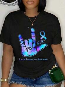Camiseta 100% Algodón con Símbolo de Amor y Mano para la Semana de Concientización sobre Prevención del Suicidio de Septiembre, para Hombre y Mujer, Suave, Transpirable, Clásica, a la Moda, para Verano - Negro - Ver 1