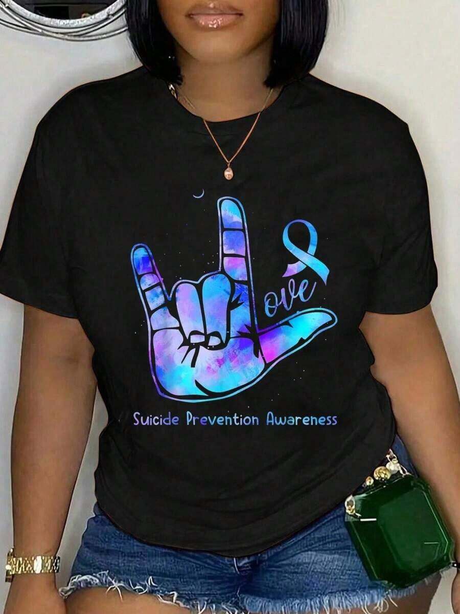 Camiseta 100% Algodón con Símbolo de Amor y Mano para la Semana de Concientización sobre Prevención del Suicidio de Septiembre, para Hombre y Mujer, Suave, Transpirable, Clásica, a la Moda, para Verano - Negro - Ver 1