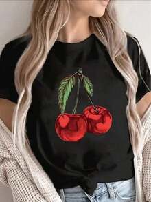 Camiseta casual, ligera y de manga corta con diseño de cerezas, adecuada para el hogar, restaurantes o ocasiones de ocio al aire libre, disponible en múltiples colores. Algodón puro, camisetas de verano para mujer, cuello redondo, suaves, ajustadas, informales, de manga corta para mujer. - Negro - Ver 7