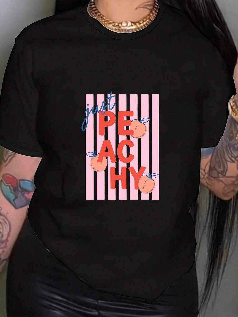 Women's T-Shirt With Just Peachy Print, Short Sleeve T-Shirt With Round Neck, Casual Style, Suitable For Summer And Spring, Women's Clothing, Women's Tops. - 黑色 - 查看 1