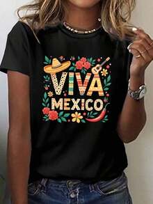 Camiseta de manga corta y cuello redondo de estilo casual, de selección premium, estampada con un diseño de transmisión en vivo mexicana, perfecta para primavera y verano, diseñada para mujeres, hecha de algodón puro. - Negro - Ver 6
