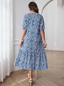 Vestido de verano con estampado completo, cuello con muesca y mangas abullonadas, estilo bohemio para vacaciones - Marrón - Ver 10