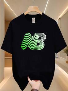 Camiseta para Hombre - Ligera y Transpirable, Cuello Redondo, Manga Corta, Adecuada para Gimnasio, Viajes y Uso Diario Casual - Diseño Moderno con Estampado de Letras NB en Degradado Verde y Blanco, Material de Fácil Cuidado - Negro - Ver 6