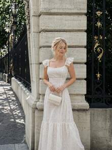 Women's Summer Fashionable And Elegant Vacation Style Suspender Ruffle Edge Square Neck Hollow Rough Design A Long Women's Dress, Suitable For Beach Vacation, Wedding Guests, Graduation Ceremony Dress, Birthday Party, Elegant Party Dress, - White - View 3