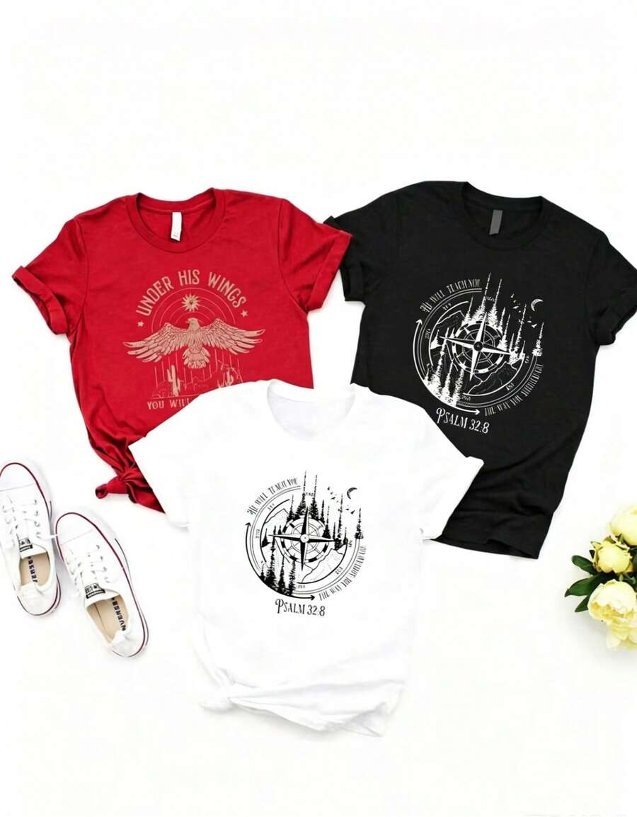 Camiseta de mujer a 2026, 3 pieza de camiseta casual de manga corta para mujer, camiseta con estampado de brújula de montaña y el salmo 32:8 "Bajo sus alas", camiseta de mujer de manga corta con cuello redondo, top deportivo casual transpirable de algodón puro, regalo de vacaciones, Mariposa de Primavera Pascua. - Blanco - Ver 1