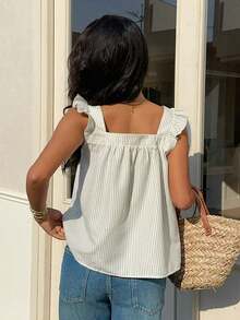 Blusa casual de mujer con cuello cuadrado a rayas y volantes, estilo francés de nicho con diseño de cuello cuadrado a rayas y mangas con volantes, fresca y versátil, nuevos estilos casuales de verano para mujer, blusa a rayas, top de verano para m - Albaricoque - Ver 2