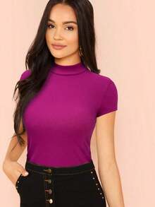 Camiseta Ajustada De Color Sólido Con Cuello Con Cierre - Rojo violeta - Ver 8