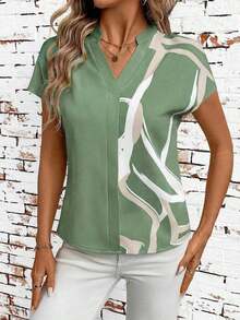 Blusa holgada de verano con cuello en V y estampado geométrico en color albaricoque para mujeres, blusas elegantes de primavera para maestras - verde menta - Ver 6