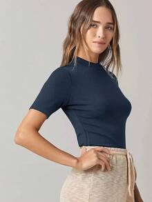 BASICS Top tejido de canalé de cuello alto - Azul marino - Ver 3