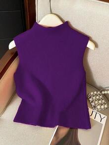 Suéter de mujer de punto con cuello alto, diseño de botones, sin mangas, suelto y casual, color rojo, para primavera/otoño - Morado - Ver 2