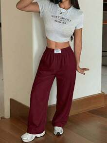 Pantalones rectos y sueltos de pierna ancha de color negro con estampado tipo zhanga para vacaciones de primavera y verano - Burdeos - Ver 3