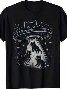 Camiseta Divertida con Diseño de Gato OVNI, Gato Adorable, Nave Espacial, Alienígena, Estética |   Camiseta Casual de Manga Corta para Hombre, Ajuste Cómodo, Estampado Divertido, Cuello Redondo, Uso en Todas las Temporadas - Blanco - Ver 7