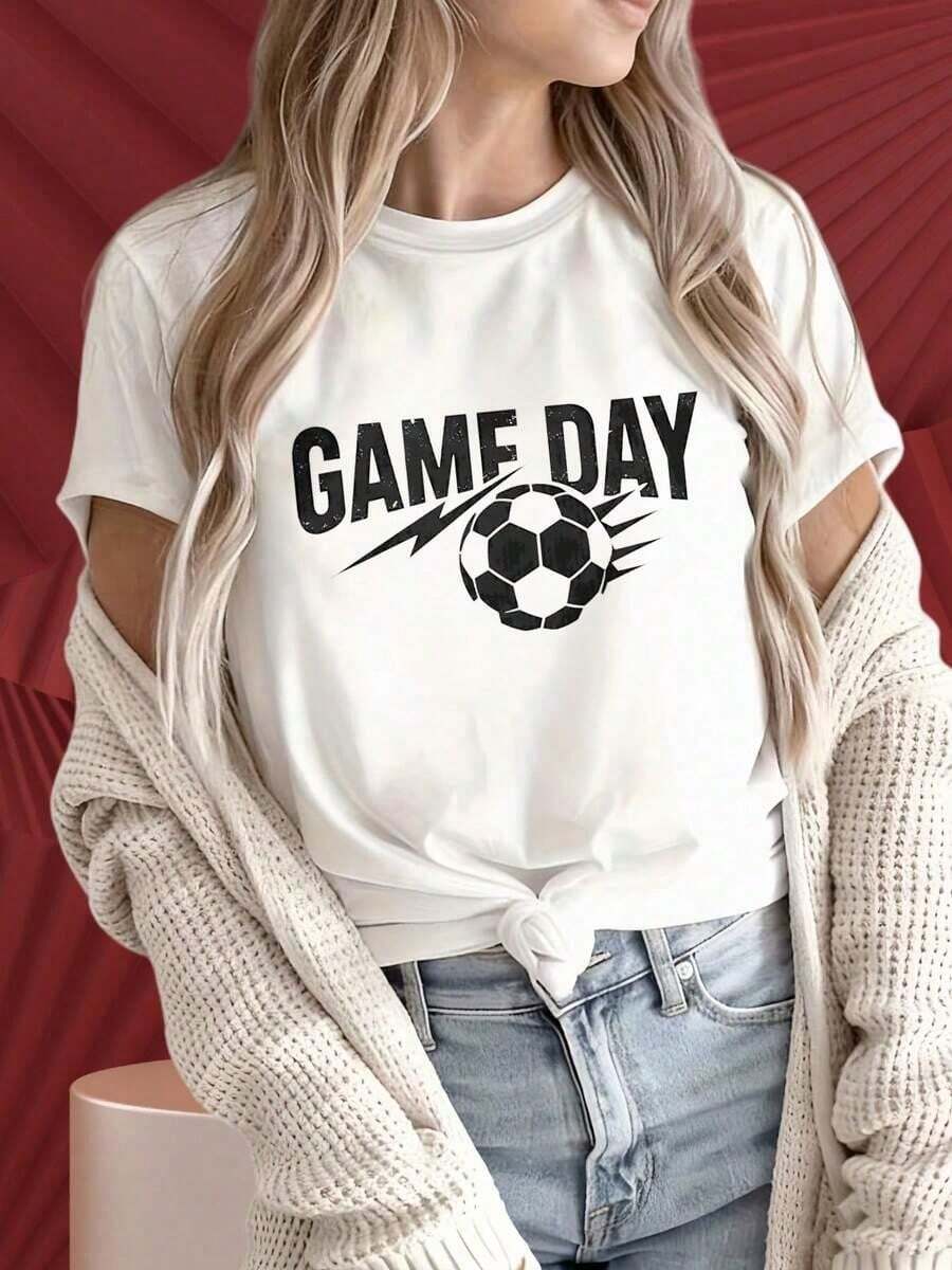1 pieza playera de fútbol para mujer, playera deportiva con dise?o negro, dise? especialmente para aficionados al fútbol, playera casual de verano, cómoda y transpirable. - Blanco - Ver 1