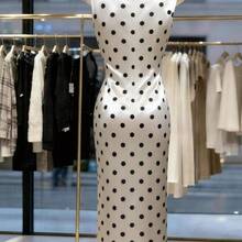 YijiaNvz  Vestido plisado de satén con estampado de lunares romántico y elegante para mujer, adecuado para salidas y citas de primavera/verano - Beis - Ver 3