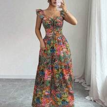 YijiaNvz  Vestido ajustado y acampanado con cuello de corazón, lazo y mangas farol, de estilo elegante y casual con estampado floral colorido, para primavera/verano - Multicolor - Ver 4