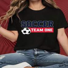 1 pieza, Playera para mujer con estampado divertido Playera de temática futbolística, Playera casual de verano, cómoda y transpirable - Negro - Ver 2