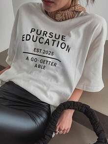 Women's White Short-Sleeved Round Neck Graphic Tee With Letter Print, Loose Fit, For Spring/Summer - White - View 7