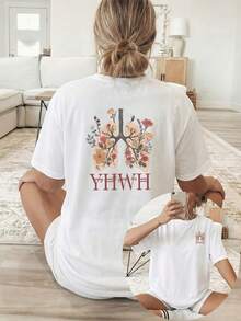 [Impresión a Doble Cara] Camiseta Casual de Verano para Mujer, con diseño en forma de hoja con patrones florales y de follaje incrustados, adornada con las letras YHWH, ropa versátil, material cómodo, camiseta de manga corta, 100% Algodón para entusiastas de la moda. - Blanco - Ver 7