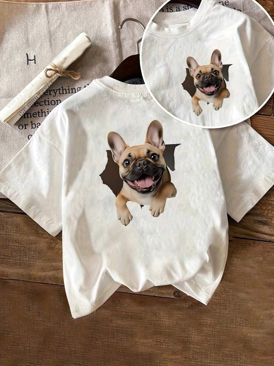 Camiseta estampada de manga corta con diseño de Bulldog Francés, top casual para mujer con temática de mascotas, camiseta casual de manga corta y cuello redondo, adecuada para verano y primavera, ropa de mujer 100% algodón. - Blanco - Ver 1