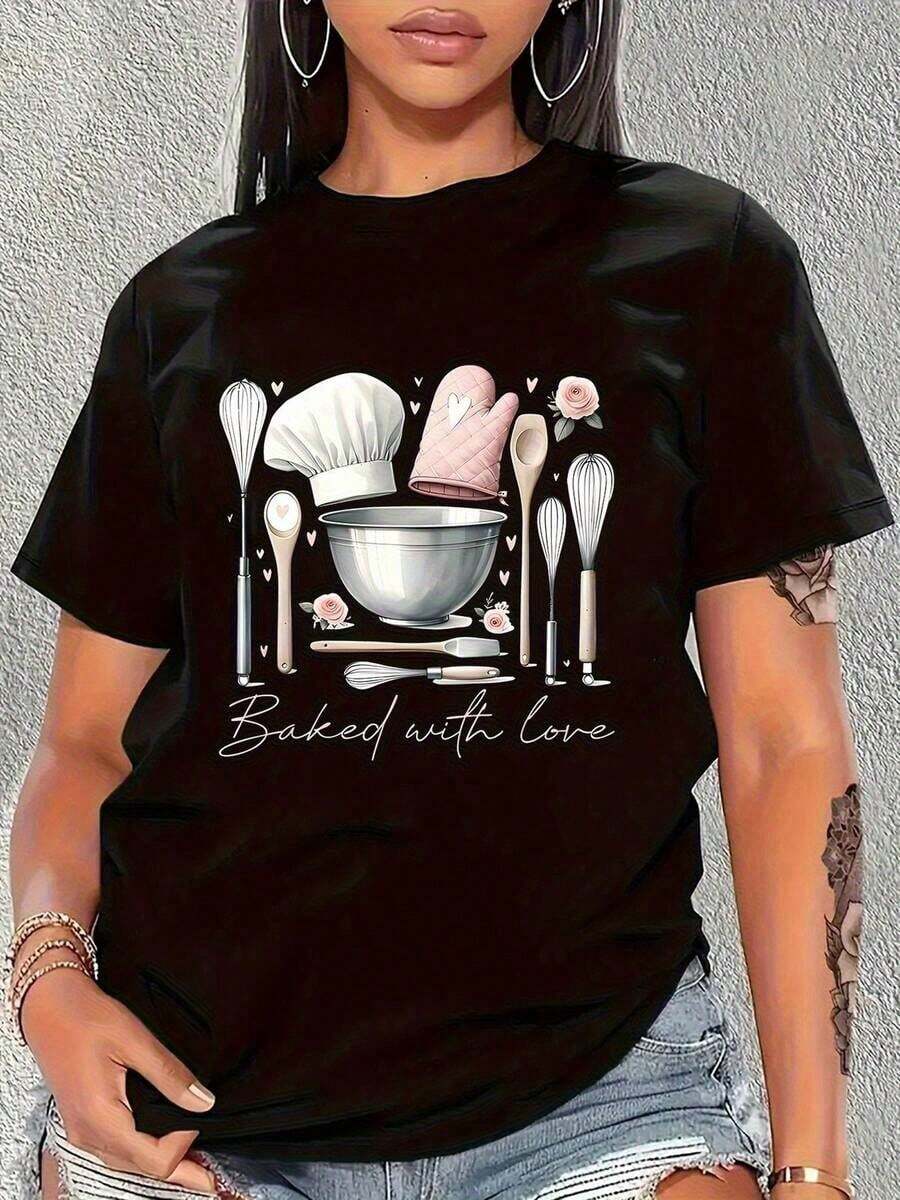 Camiseta Casual Mujer de Algodón 'Diseño de Utensilios de Cocina y Frase Inspiradora' 'Estilo Moderno de Cocinera' 'Ideal para Amantes de la Cocina y Actividades Diarias' 'Disponible en Tallas Variadas y Color Negro' 'Moda Fémina' 'Camiseta Original y Popular en ' - Negro - Ver 1