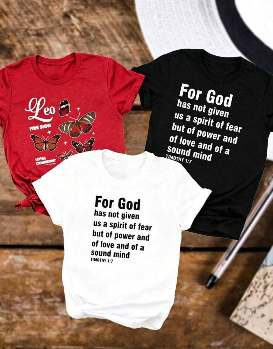 Artículo de moda: 3 camiseta casual de manga corta para mujer, estampada con la frase "Porque Dios nos ha dado no un corazón tímido, sino un corazón fuerte, amante y cauteloso." Camiseta de mujer de manga corta con cuello redondo, de algodón puro, transpirable, estilo casual deportivo, regalo para vacaciones, camiseta para mujer. - Negro - Ver 1
