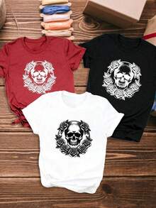 Camiseta de mujer 3 piezas/set de camisetas de manga suitable for streetwear, Top oversized cuello redondo daily outings, camping, concerts, hip-hop, rock, and rap events de camiseta casual manga corta para mujer, camiseta con estampado de calaveras y corona de rosas, camiseta de mujer de manga corta con cuello redondo, top deportivo casual transpirable de algodón puro, regalo para vacaciones, mariposa de primavera, Pascua. - Negro - Ver 8