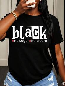 Camiseta de manga corta para mujer, color negro, con estampado de café, sin azúcar ni crema, estilo casual para uso diario. - Negro - Ver 6