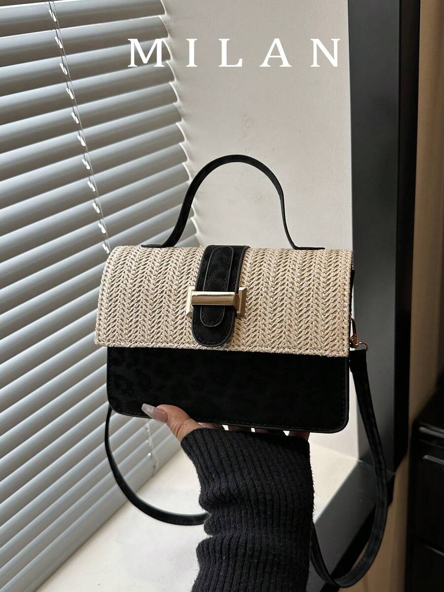 2026 New Straw Leopard Print Handbag, Fashionable Shoulder Bag, Solid Color Small Square Crossbody Bag For Women