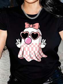 Adorable camiseta suave y relajada para mujer con estampado de fantasma de dibujos animados y gafas de sol, camiseta con capucha y estampado de bulldog francés, camiseta de perro, ropa de mujer con un poodle estampado, camiseta de poodle, camiseta rosa y azul para mujer, camiseta color uva para mujer, camiseta de cerdo, camiseta azul oscuro para mujer. Adecuado como regalo.playera de mujer.blusas>elegante.boho chic,Top de mujer suave, transpirable y cómodo, ideal para primavera, verano y otoño, perfecto para vacaciones, viajes y uso diario. - Negro - Ver 1