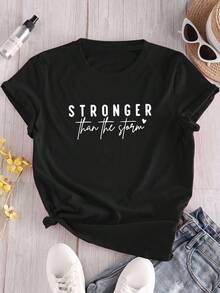 Camiseta de Mujer Moderna y Sencilla con Estampado, Manga Corta, Cuello Redondo, Estilo Casual, Ligeramente Elástica, Corte Regular, Cómoda y Ajustada - Negro - Ver 1
