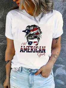 1 pieza de camiseta elegante para mujer con estampado de letras - Camiseta cómoda y casual de manga corta con cuello redondo para atuendos informales y combinaciones elegantes. 180g Algodón 100% - Blanco - Ver 12