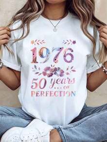 1 pieza Camiseta de Cumpleaños para Mujer "50 Años de Perfección 1976", Diseño Floral, Regalo de Aniversario, Estampado Celestial, Camiseta para Celebración de Cumpleaños de Mujer Nacida en 1976, 180g Algodón 100%. - Blanco - Ver 12