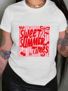 Camiseta con Estampado Gráfico de Playa Encantadora, Manga Corta, Cuello Redondo, Top Casual para Verano y Primavera, Ropa de Mujer - Alta Calidad - Blanco - Ver 7