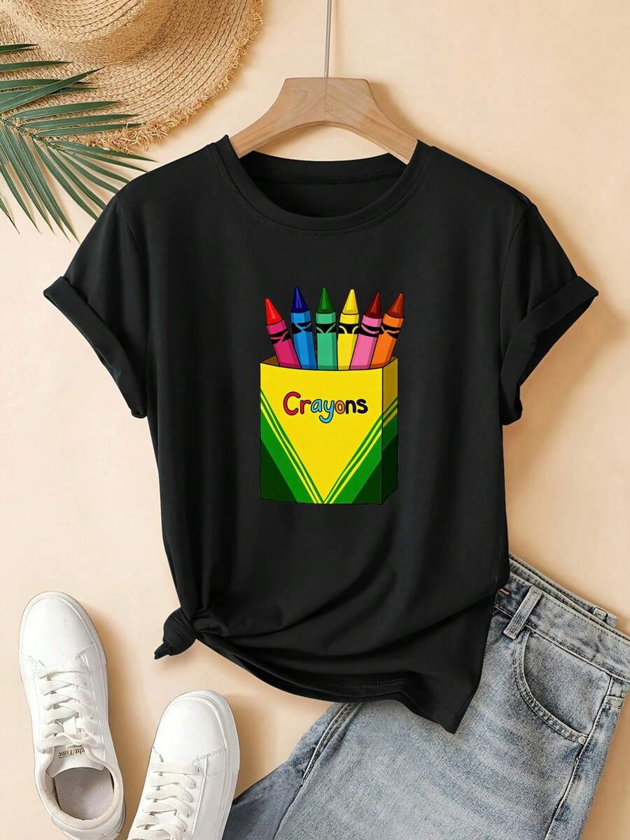 Blusa de manga corta para mujer, corte regular - Estampado divertido y casual de caja de crayones de colores con dibujo geométrico 2D, cuello redondo, apta para todas las estaciones, varios colores y tallas disponibles, moda festiva, estética vintage, material transpirable, estampado interesanteDaily Casual Round Neck Short Sleeve-Shirt Women - Negro - Ver 1