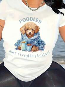 1 pieza de camiseta casual de manga corta de Wo presenta estampados florales en relieve y con diseño de caniche. Es una camiseta de cuello redondo, suave y elástica, lavable a máquina y adecuada para todas las estaciones. Presenta un diseño interesante y un ajuste cómodo. 180g 100% Algodón - Blanco - Ver 1