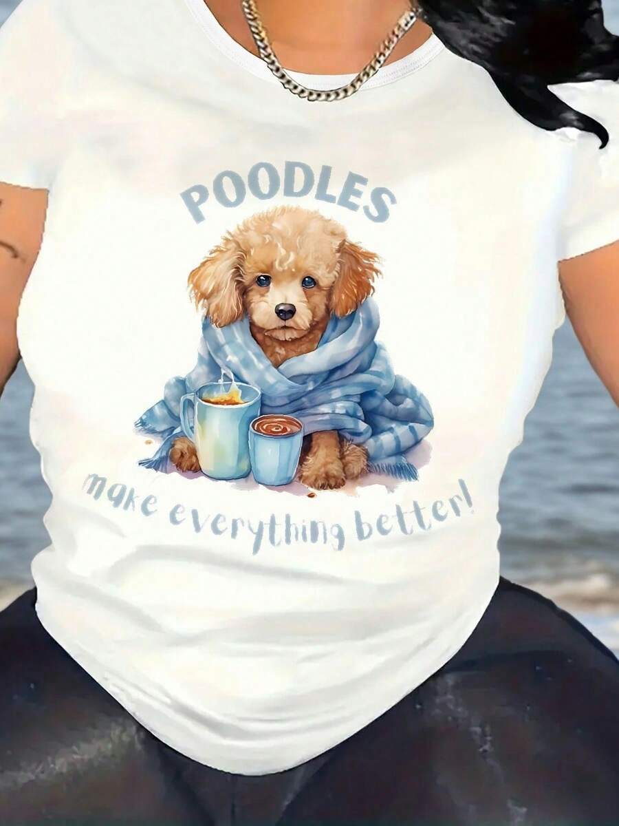 1 pieza de camiseta casual de manga corta de Wo presenta estampados florales en relieve y con diseño de caniche. Es una camiseta de cuello redondo, suave y elástica, lavable a máquina y adecuada para todas las estaciones. Presenta un diseño interesante y un ajuste cómodo. 180g 100% Algodón - Blanco - Ver 1