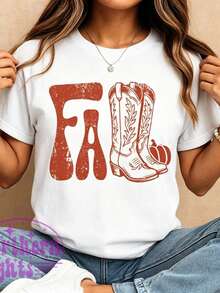 Camiseta de algodón estilo western para otoño, Camiseta de otoño, Camiseta de otoño estilo grunge, Diseño de sublimación de otoño con botas de vaquera estilo western, Imagen PNG de temporada de otoño, Camiseta de otoño retro con calabaza, Camiseta de algodón de manga corta, estilo clásico, de algodón grueso, con estampado gráfico, informal para mujer. - Blanco - Ver 1