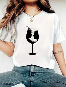 1 Women's Black Printed T-Shirt - High Elasticity And Breathable Fabric, Round Neck, Short Sleeves, Cartoon Design Of Wine Glass And Cowboy Boots, Casual Top For All Seasons, Suitable For Fitness, Outdoor Activities And Daily Wear, Soft And Comfortable T-Shirt, Fashionable And , Lightweight Material, A Must-Have For Fashion Enthusiasts, 180g 100% Cotton. - 白色 - 查看 11